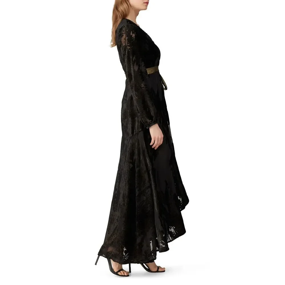 Hutch Black Burnout Velvet Wrap Maxi Dress Metallic Sash Hi-Low Hem Size M - Picture 4 of 12